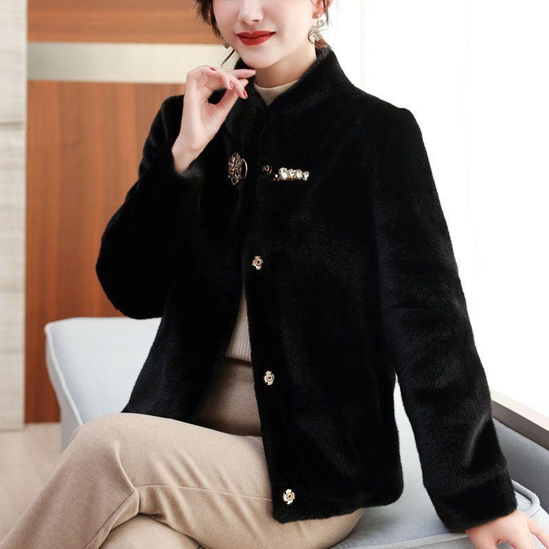 

New winter mother fur coat short imitation mink velvet stand-up collar fashion temperament fur integrated coat XL [Recommended 85-50kg] чёрный