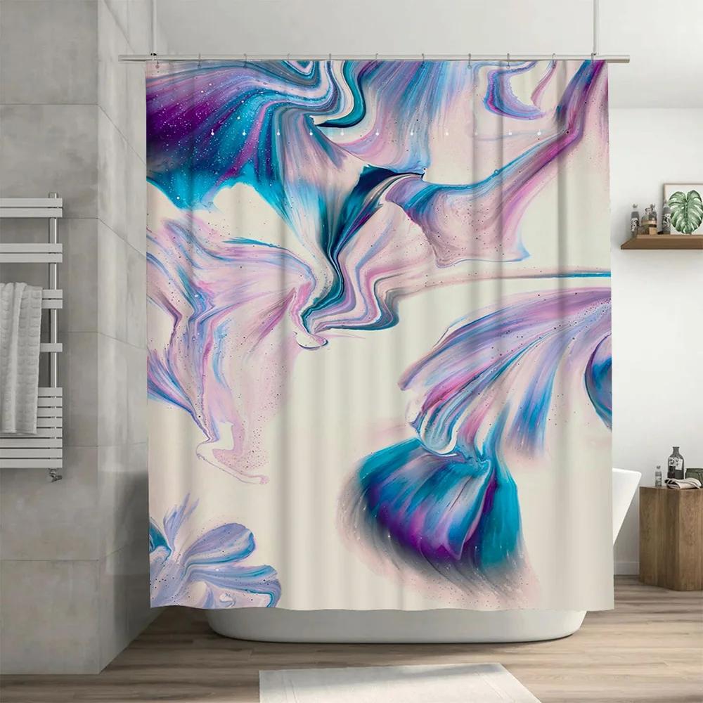 Marble Shower Curtain Colorful Bath Linen Decor for Bathroom Easy Installation Waterproof Fabric in Pink Blue Swirl Pattern
