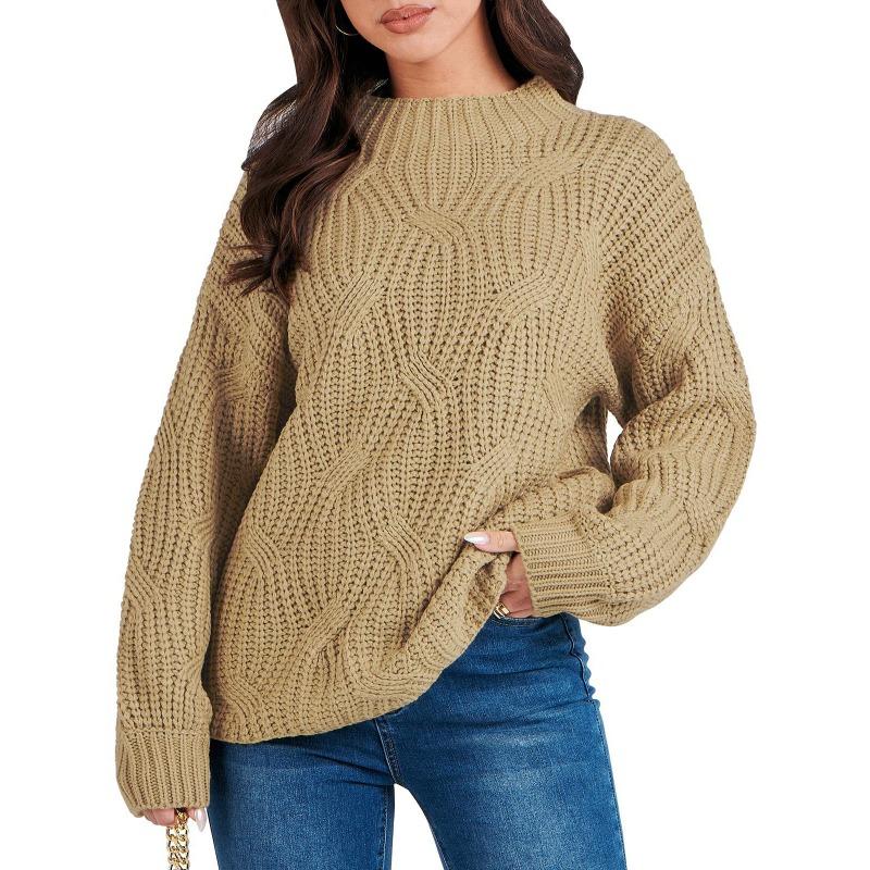 Autumn and Winter Women's Plus Size Drop Shoulder Loose Casual Stranded Knit Pullover Sweater