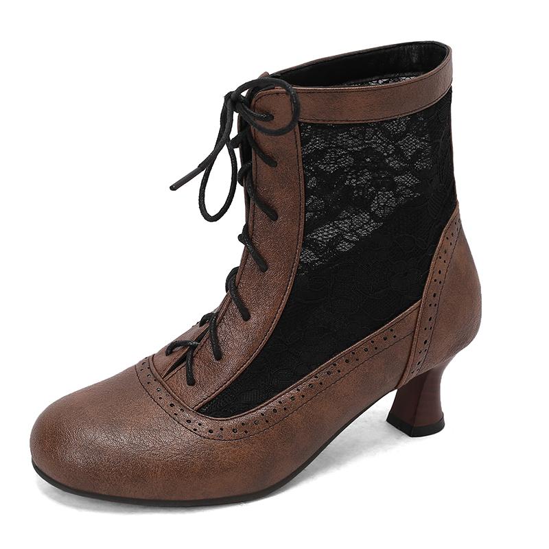Retro Cosplay Summer Boots Women Patchwork Mesh Shoes Spring Victoria Leather Chunky Kitten Heels
