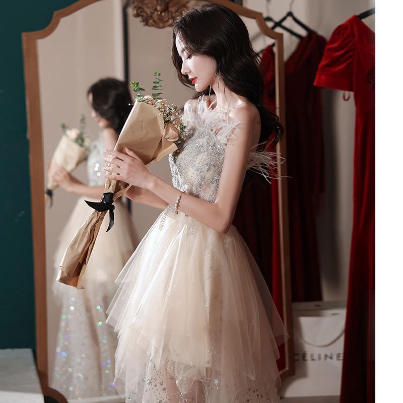 Style Evening Dress Female Adult Graduation Banquet Temperament Tube Top One-word Shoulder Art Test Light Luxury Niche Design Sense Fairy