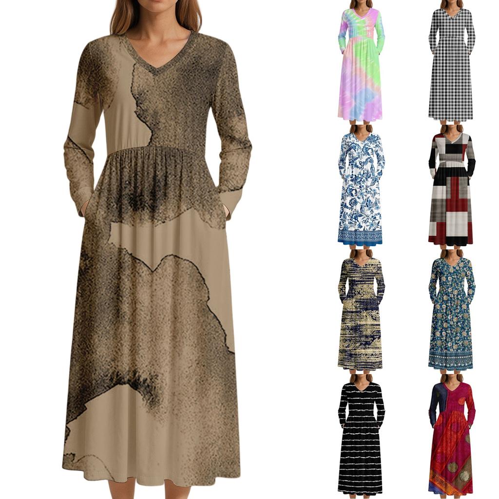 Šaty Pro Ženy Dlouhé Boho Plážové Šaty Elegantní Maxi Šaty Výstřih do V Dlouhý Rukáv Šaty s Kapsami