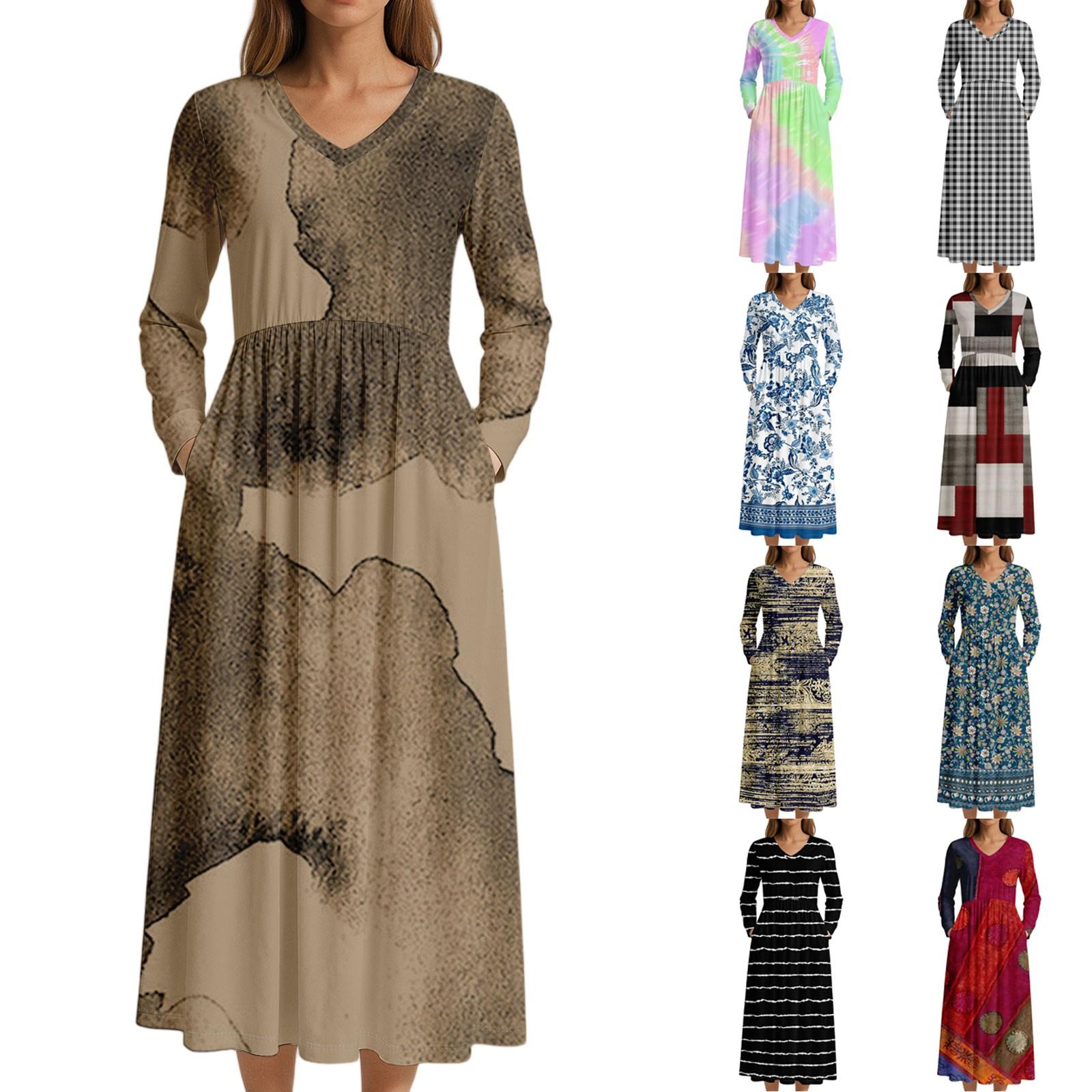 

Dress For Women Long Boho Beach Dress Elegant Maxi Dress V-Neck Long Sleeve Dress With Pockets XL червоний