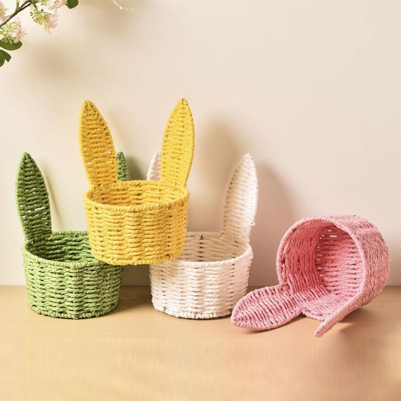 Handwoven Paper Rope Rabbit Ears Storage Basket With Iron Frame For Easter Decoration And Gift Packaging