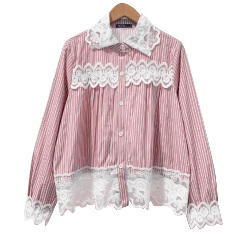ZANZEA Women Casual Lace Patchwork Loose Long Sleeve Stripe Blouse