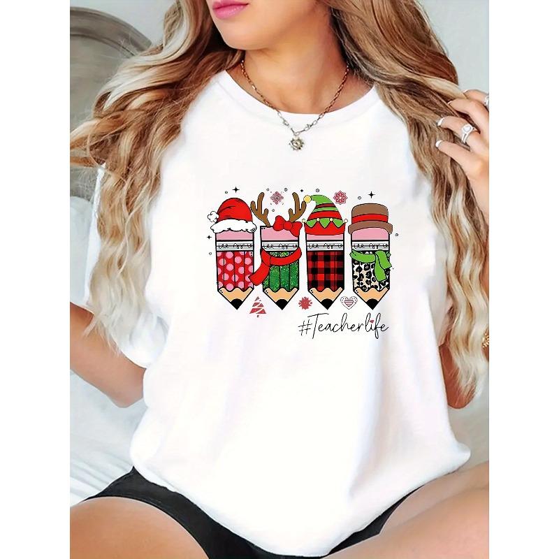 Women's Minimalist Christmas Pencil Print T-Shirt Crew Neck Short Sleeve Casual Summer Top