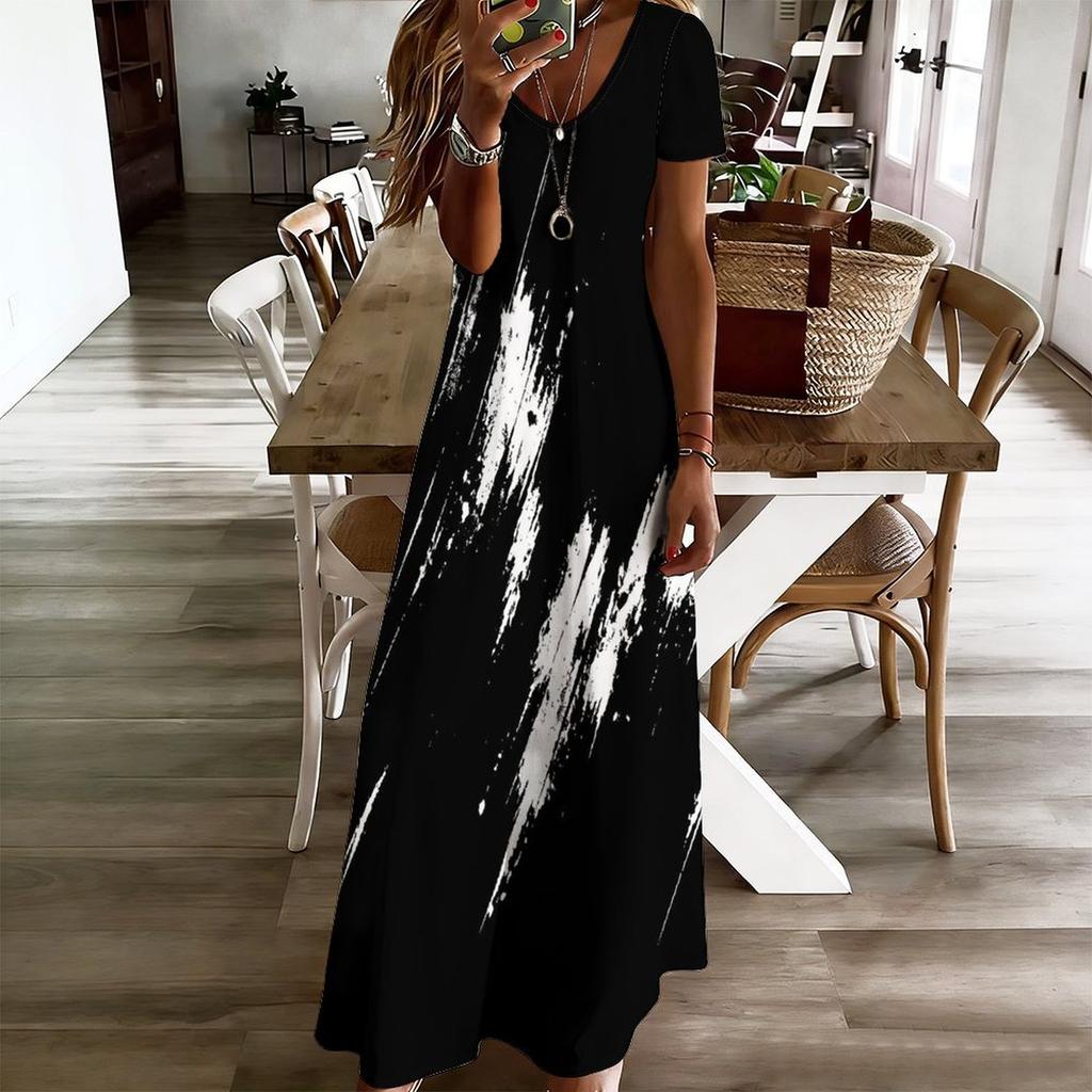 Women Plus Size V Neck Short Sleeve Black Printed Straight Maxi Dress