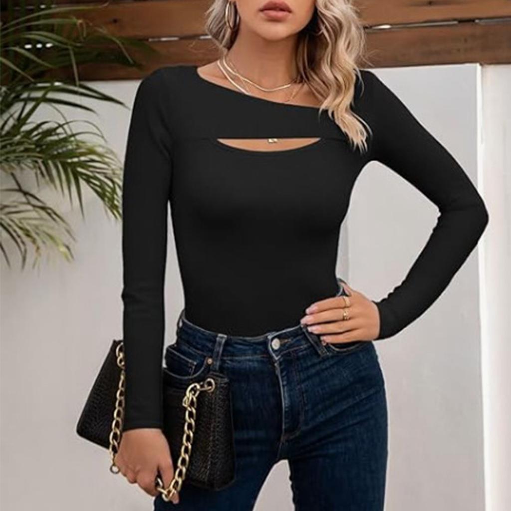 Women's Fashion Solid Color Long Sleeved Sexy Slim Fit T-shirt Hollow Top Bottom