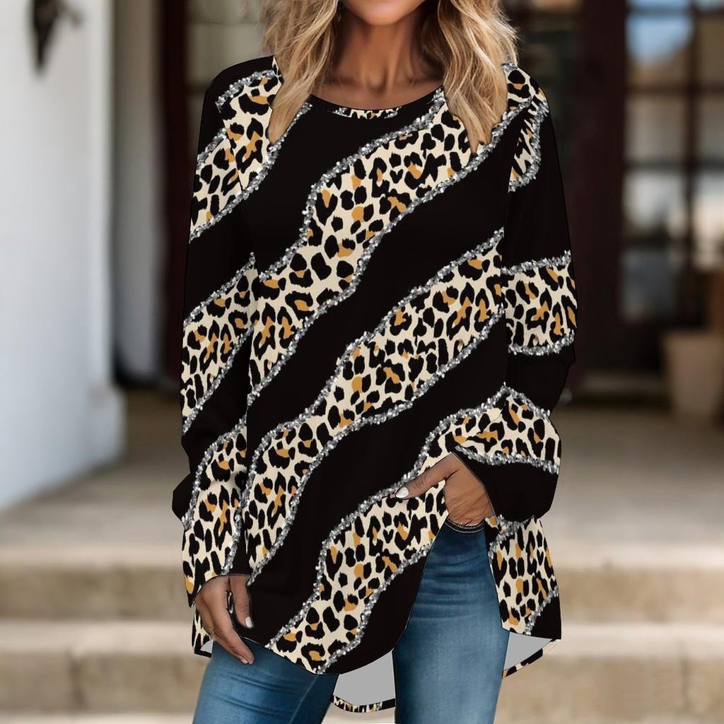 Women Long Sleeve Tunic Top Print Crew Neck Loose Fit Blouse With Pockets Casual Daily Wear Ladies Tops