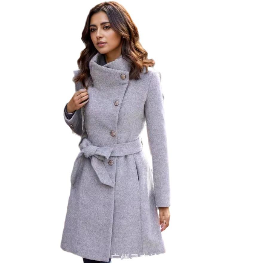 

Женское однобортное шерстяное пальто средней и длинной длины, женская приталенная куртка с поясом XXL