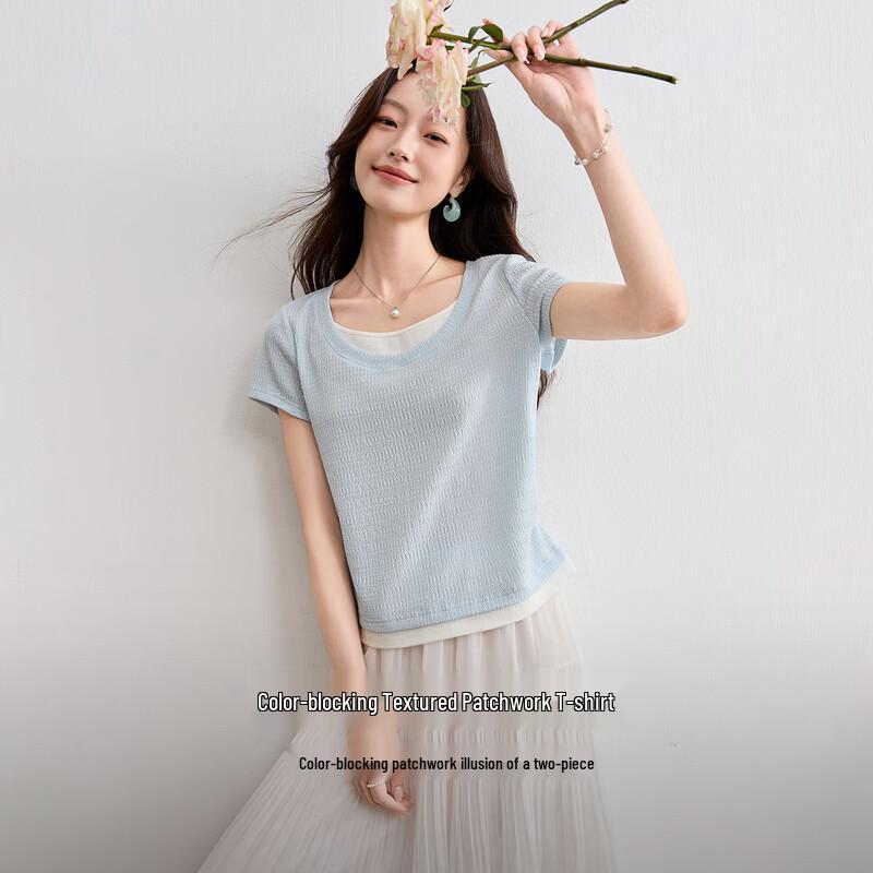 Shangdu Bila Women's Color Block Textured Short Sleeve T-Shirt