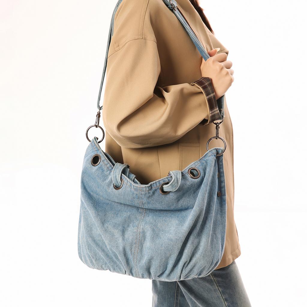 Lazy wind denim canvas tote bag women's large capacity student class commute shoulder messenger bag