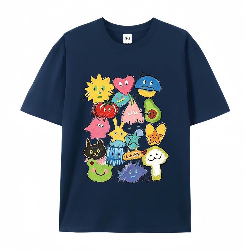 Unisex Buntes Doodle Cartoon Grafik T-Shirt Glückliches Monster Fruchtprint Oversize Dopamin Sommer Lässiges Kurzarm-T-Shirt