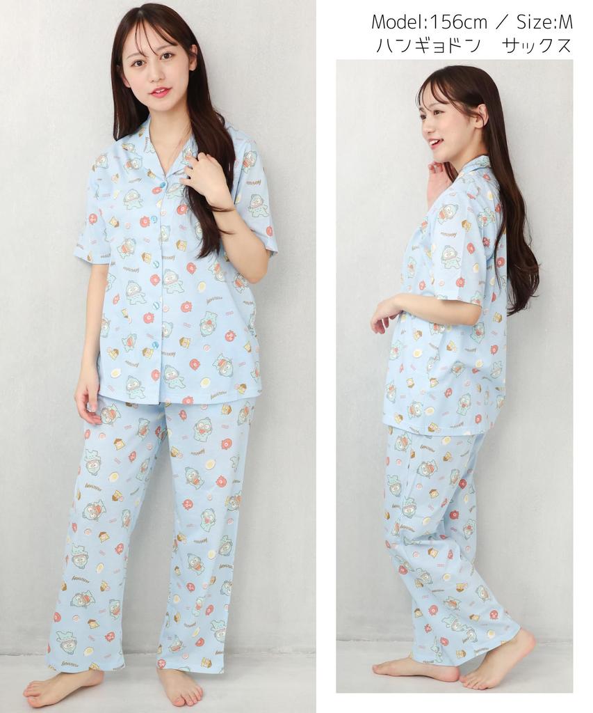 SAZAC Hangyodon Women's Cotton Jersey Pajama Set with Short Sleeves and Pants (Sax/M/SAN1807)