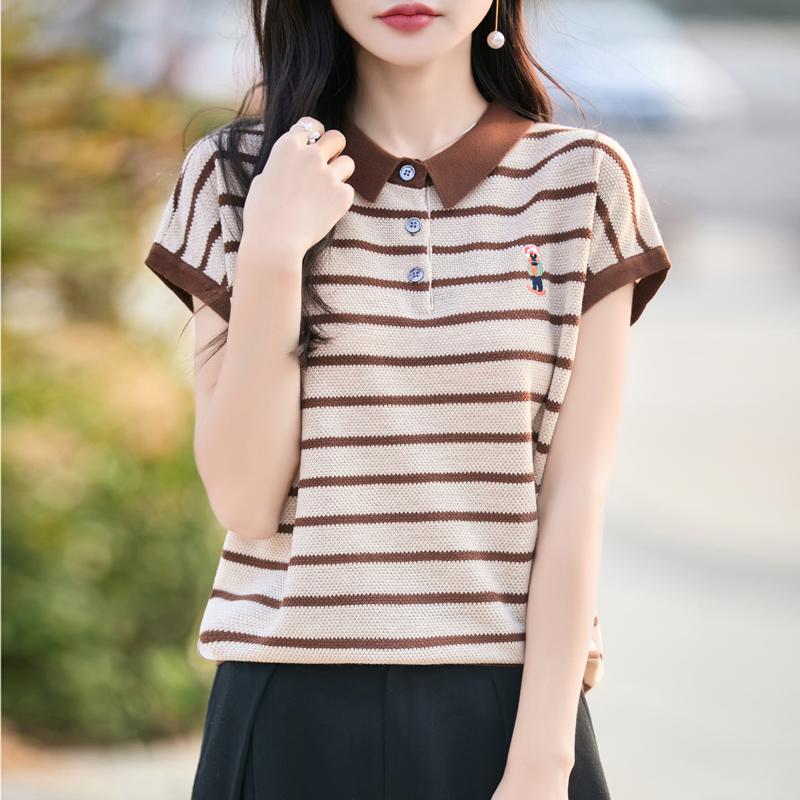 Women Knit T-shirt 100% Wool MODERN NEW SAGA Summer Knitted Shirt Short Sleeve Tees Turn-down Collar Patchwork Pullover Knit Tops