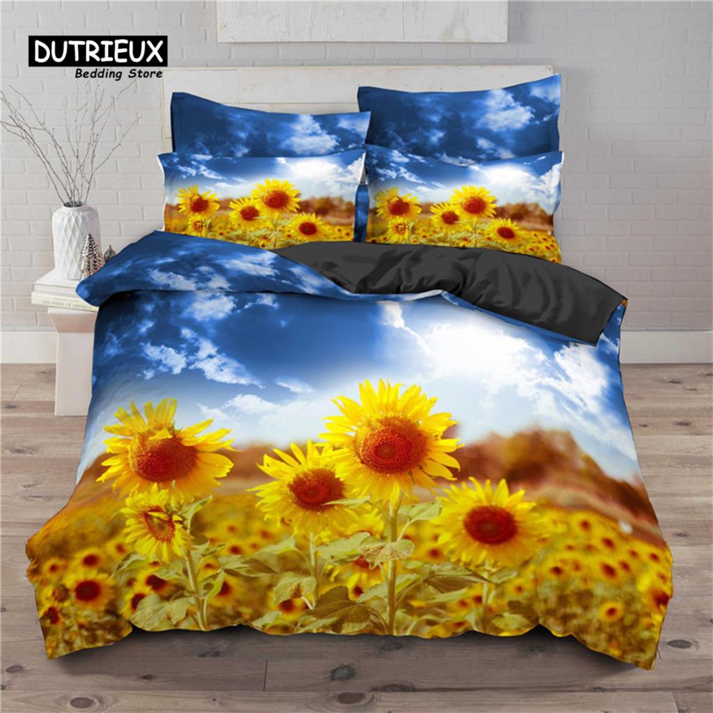 Sunflower Bedding Set Modern Microfiber Yellow Flowers Print Duvet Cover Alluring Sunflowers Summer Inspired Design Quilt Cover