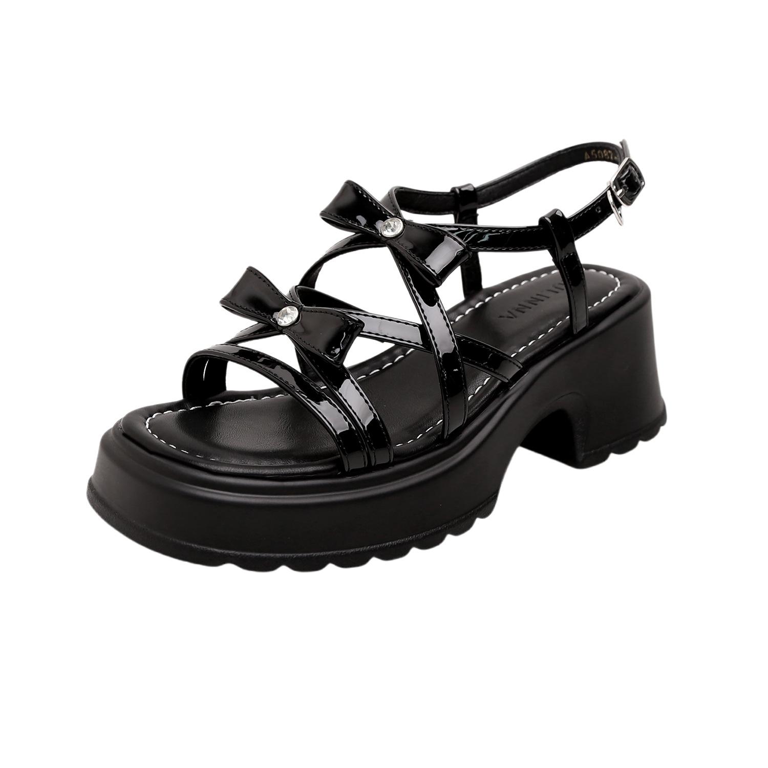 

Босоножки с открытым носком на круглом каблуке с бантом, новые серебристые, женские летние универсальные на толстой подошве, для улицы, для девушек, увеличивающие рост, модные 39 чёрный