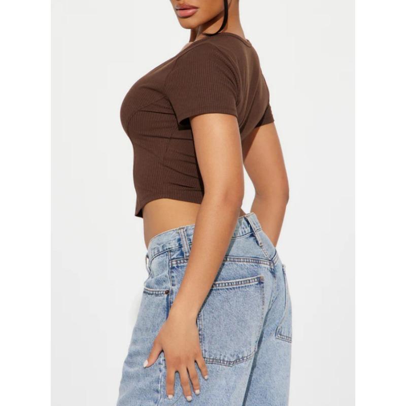 Women Sexy Deep V Neck Cropped Short Sleeve Slim Fit Casual Sports T Shirt