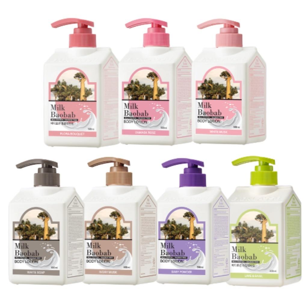 Milk Baobab Body Lotion 500ml/Body Wash 1000ml, White Soap Ivory Musk White Musk Baby Powder Damask Rose Flora Bouquet Lime and Basil Lavender Garden