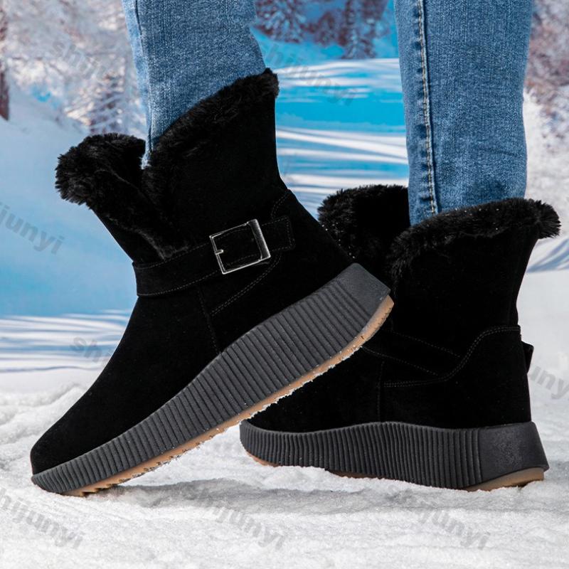 Fashion Women Cotton Shoes Winter Thicken Warm Non Slip Snow Boots Comfortable Fashion Buckle Strap Height Increase Outdoor Short Boots
