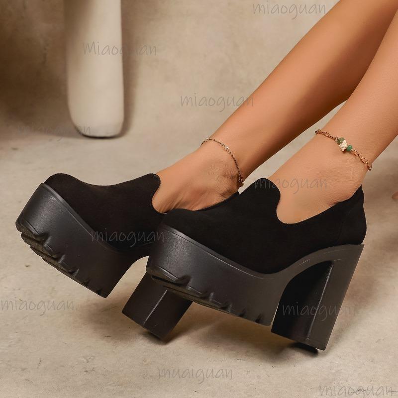 Black Suede Platform Loafers Women's Block Heel Slip-On Shoes Thick Sole Footwear for Ladies Non-Slip Round Toe High Heel Pumps