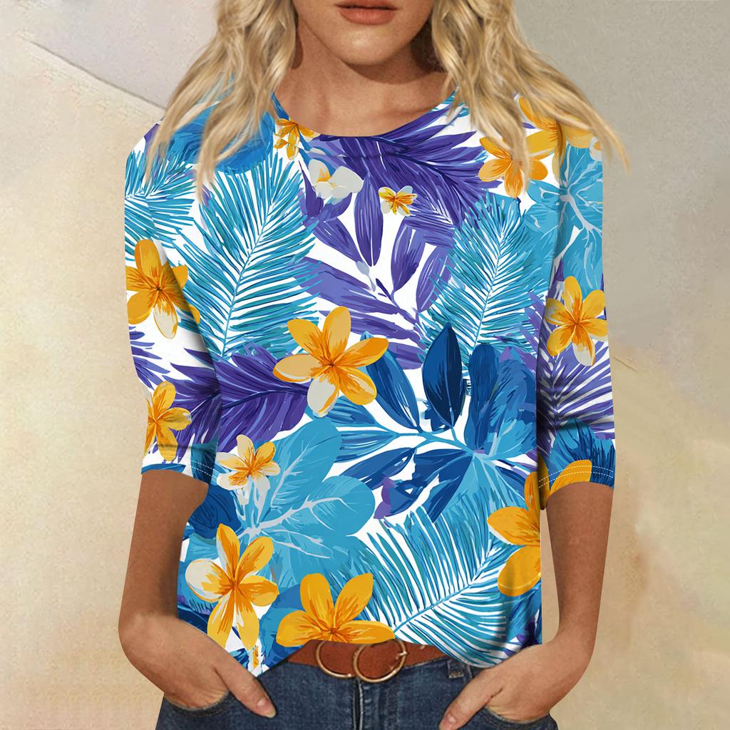 Women's Fashionable Casual Round Neck Three-quarter Sleeve Hawaiian Print T-shirt Top