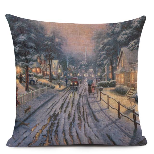 

Городской пейзаж Картина маслом Хлопок Льняная наволочка для подушки Деревня Осень Зима Художественный декор Наволочка для дивана Наволочка 45X45CM