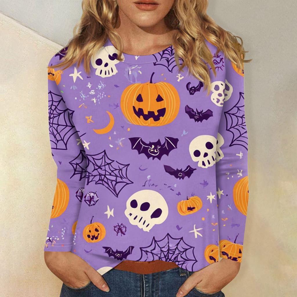 Women's Fashion Casual Halloween Printed Round Neck Long Sleeve Pullover Top