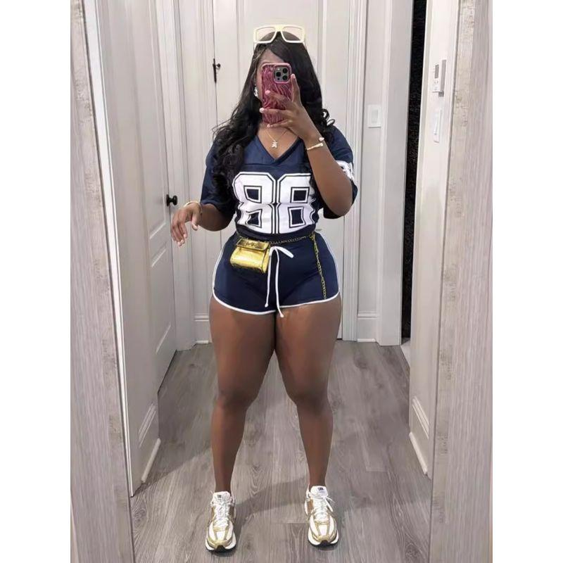 2024 Summer European and American New Loose Simple and Versatile Sports Letters Print Short sleeve Shorts Set Women clothes