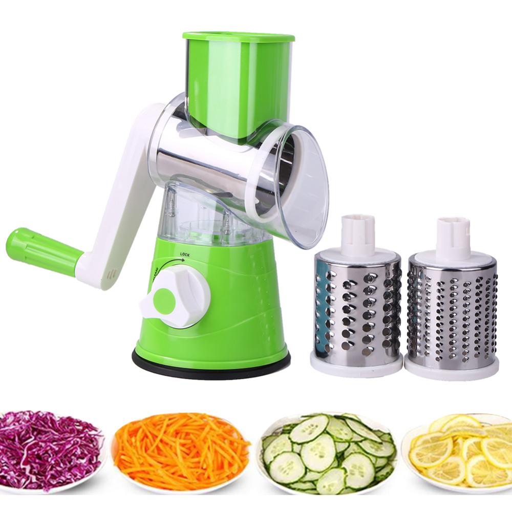 Drehbare Käsereibe Küchen-Mandoline Gemüseschneider mit 3 Klingen für Käse Kartoffel Zucchini Nüsse Schokolade