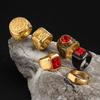 Punk Ethnic Red Stone Ring for Men,Gold Plated Stainless Steel Signet Ring,Square Round Ring Jewelry Gift
