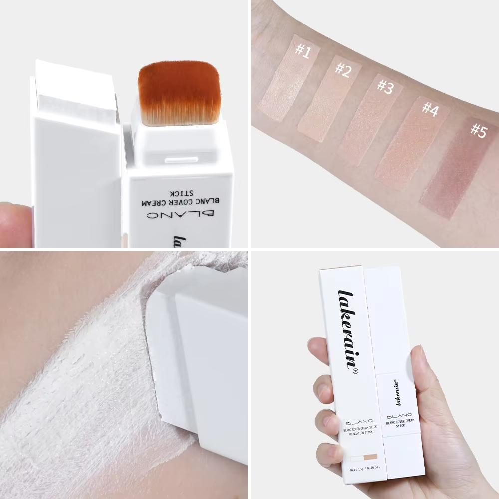 Dual-Ended White Color Changing Foundation Stick with Brush Makeup Smoothly Blending Moisturizing Brightening for All Skin Type