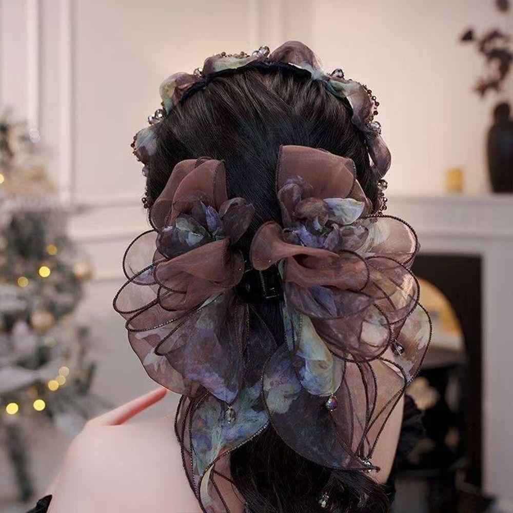 Gifts Retro Organza Flower Hair Clip Luxurious Ribbon Mesh Hair Clip Rhinestones Back of Head Hair Accessory
