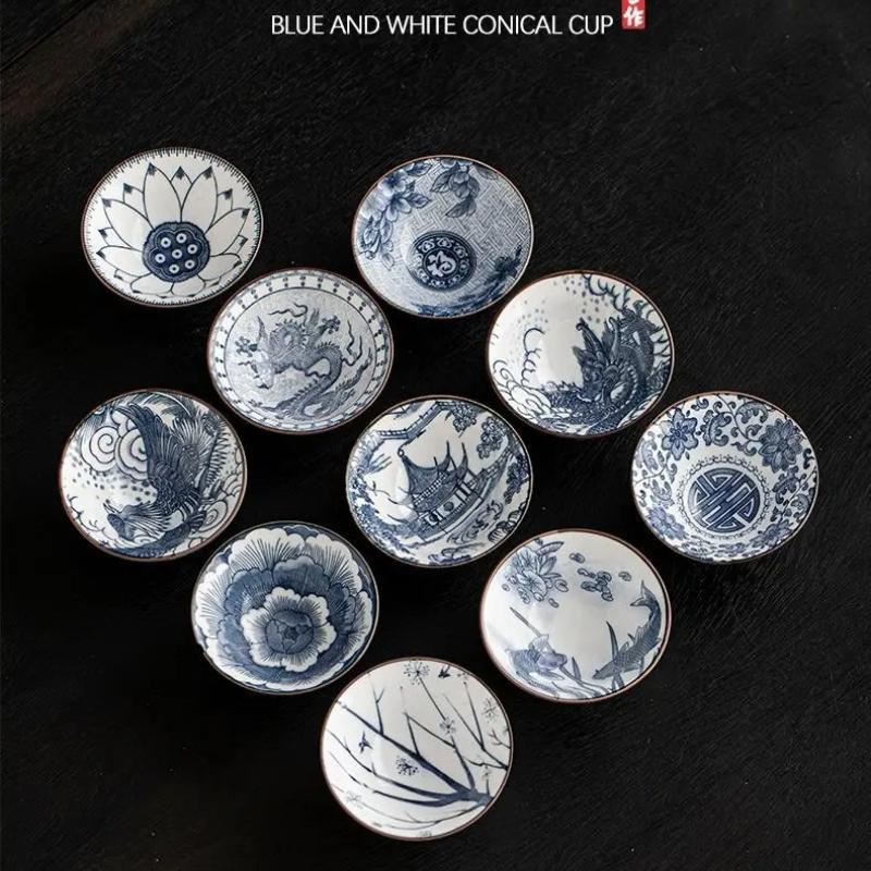 Blue And White Porcelain Teacups 10 Pcs Set Ceramic Vintage Cone Kung Fu Tea Tasting Bowls Gift Set For Tea Lovers With Gift Box