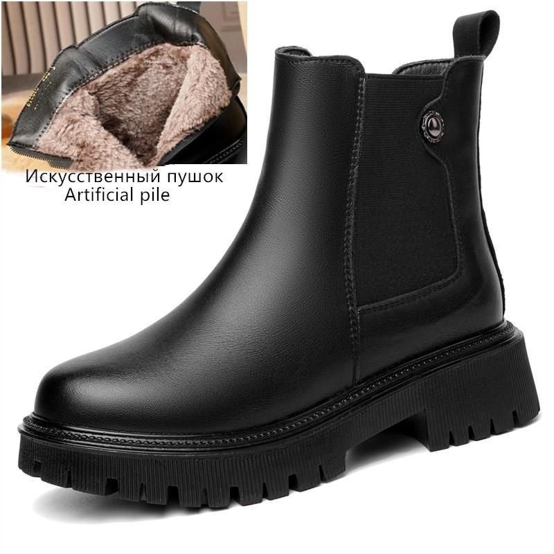 Fashion Women Chelsea Boots 2025 New Genuine Leather Winter Shoes Boots Women Casual Platform Large Size Natural Wool Female Rider Boots