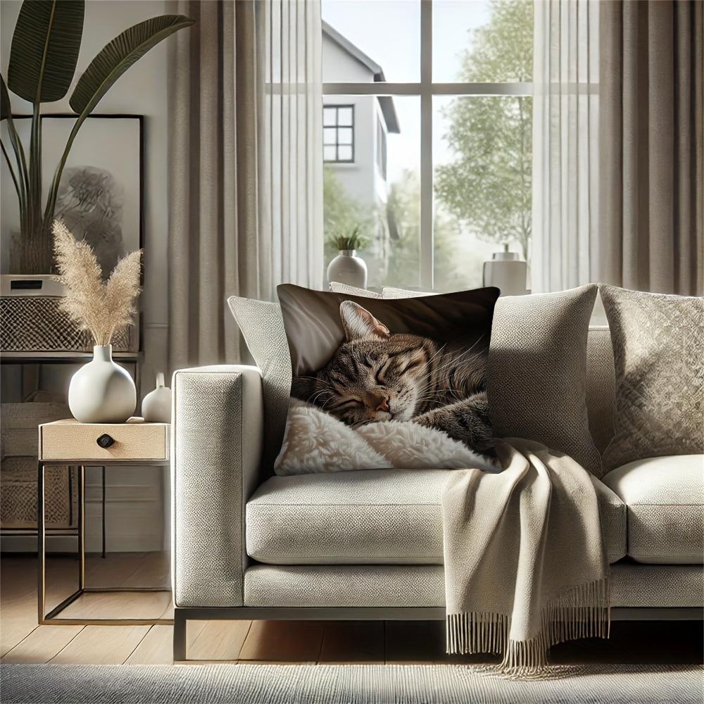 1Pc Modern Cat Face Pillow Cover Realistic Tabby Cat Design Machine Washable Suitable For Living Room Bedroom Warm Home Decor