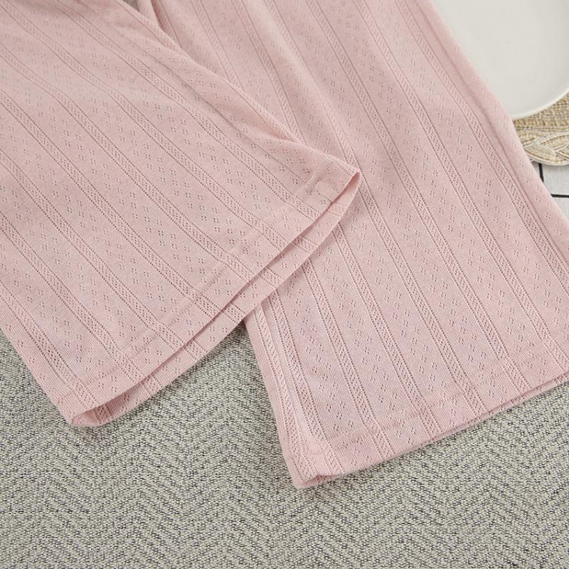 Women Comfortable Breathable Knitted Cropped Long Sleeve Long Pants Two Piece Sleepwear Loungewear