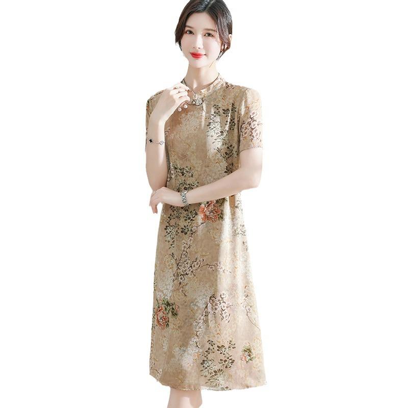 Printed Chiffon Cheongsam Dress - Women's Summer Mom Outfit, Mid-Length Temperament Style.