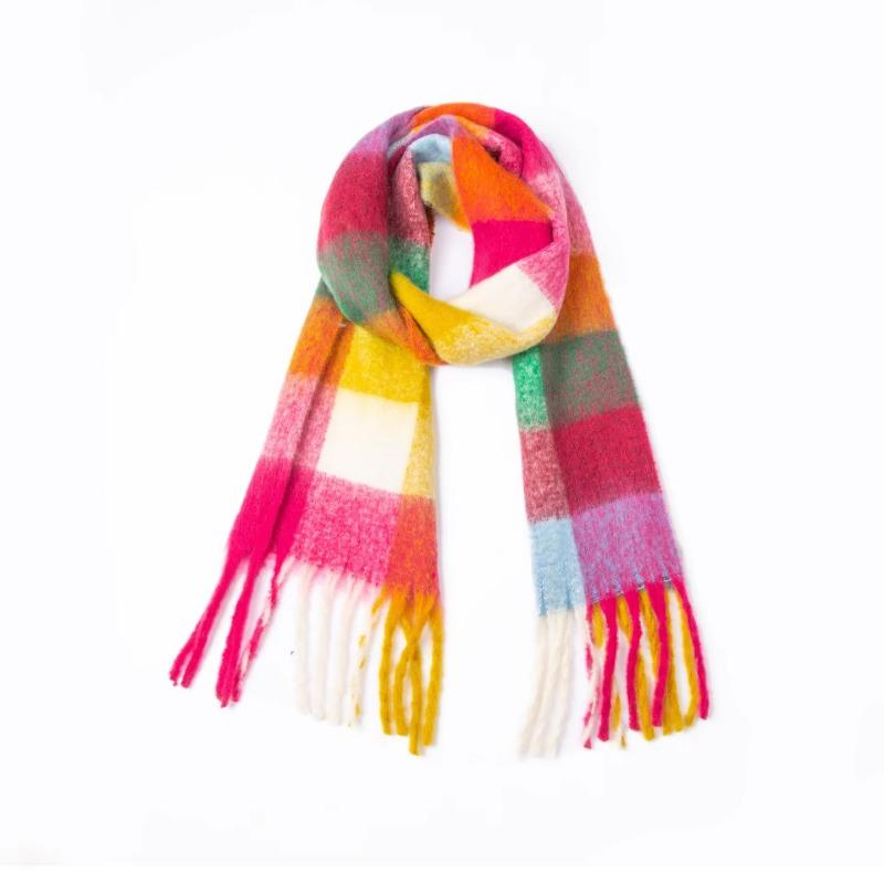 Winter Yarn Thicken Style Luxury Multicolour Plaid Faux Mohair Scarf Women Tassel Long Ring