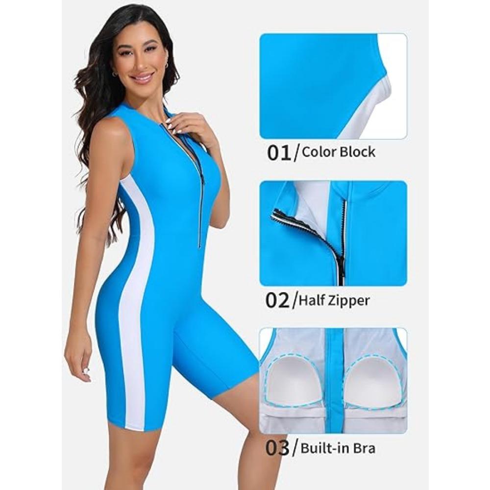 CHARMLEAKS Women Boyleg One Piece Swimsuits Athletic Bathing Suits Color Block Zip Up Swimwear