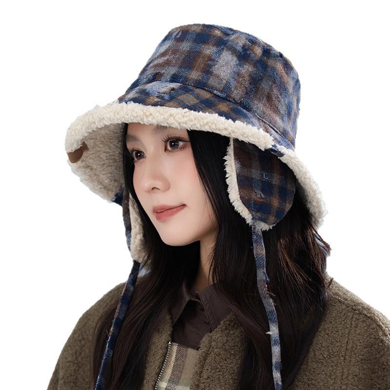 Japanische Retro Samt Verdickte Lei Feng Mütze Winter Kariert Winddicht und Warm Ohrenschutz Mütze Lässig Vielseitig Plüschmütze