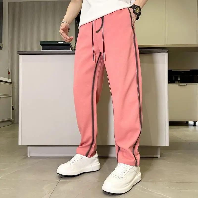 Men's Casual Striped Side Drawstring Pants Elastic Waist Loose Fit Straight Leg Trousers