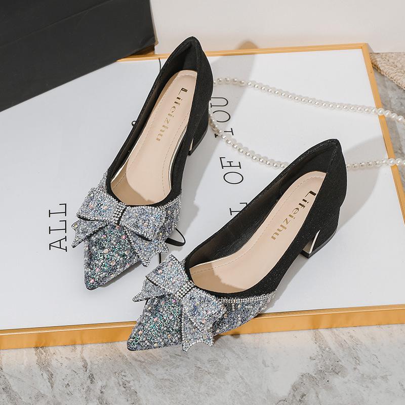 French Pointed Single Shoes Women's 2025 Spring and Autumn Boat Shoes Shallow Fairy Shoes Gentle Thick Heel Large Size Women's Shoes 41-43