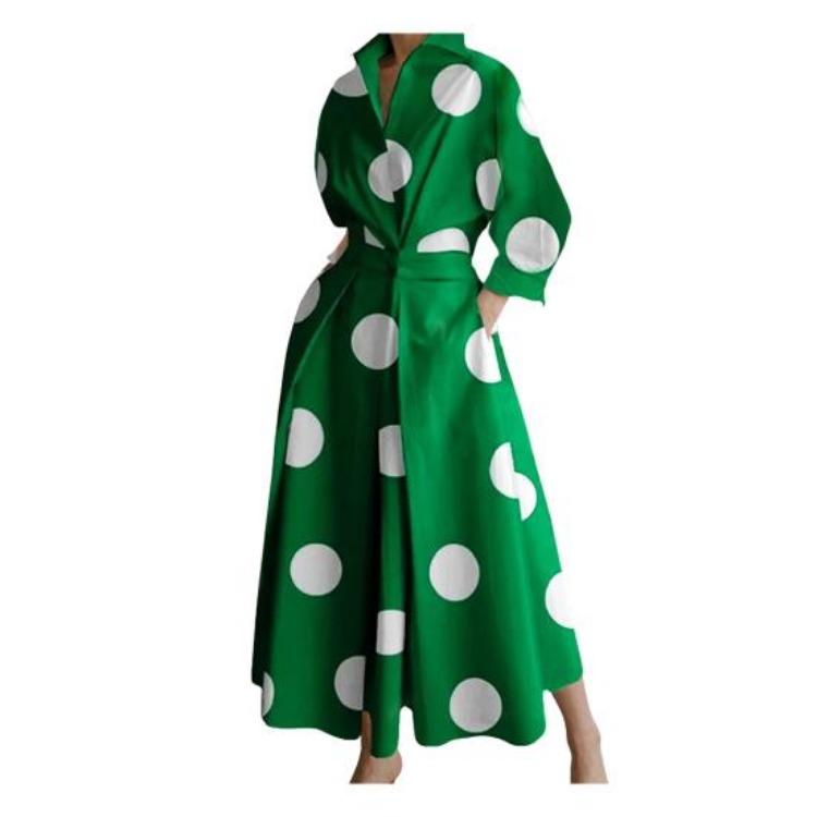 Boho Polka Dots Print Womens Wrap Shirt Dress Long Sleeve Maxi V Neck Swing Dress Lapel Collar Long Dress
