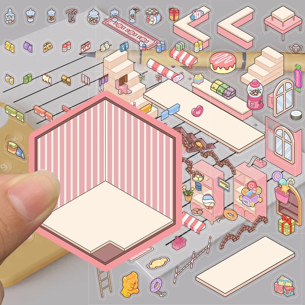 3PCS Pink Candy House Sticker Nostalgia Stacking Cafe Landscape Room Decompression Art Picture Department Y2K Fashion Stickers