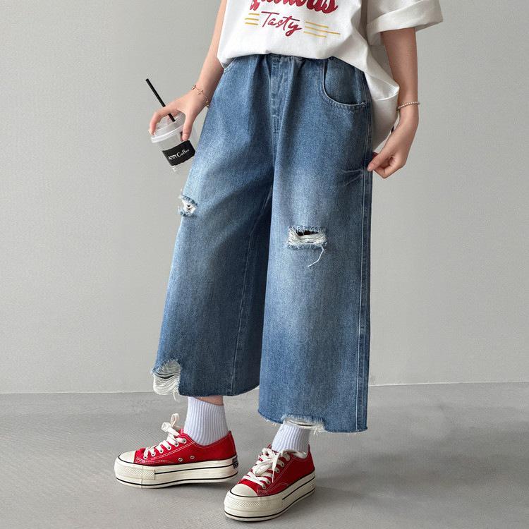 Trendy Summer Ripped Pants Set for Junior High Girls – Stylish Two-Piece Outfit