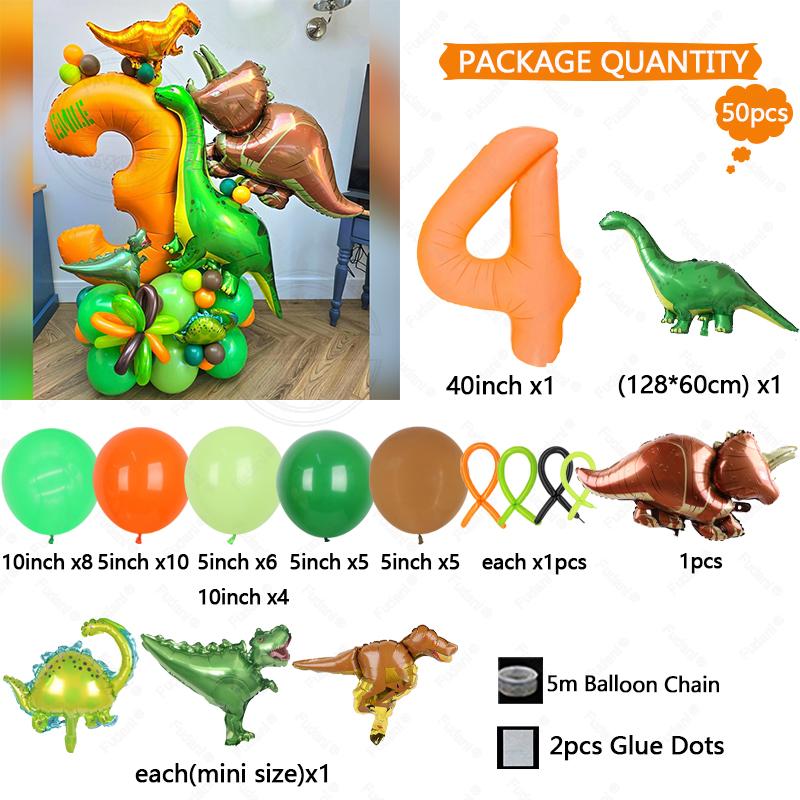 Green Jungle Animal Dinosaur Digital Set for Boys' Birthday Party Decoration Orange Number Colum Tyrannosaurus Rex Balloon Gift
