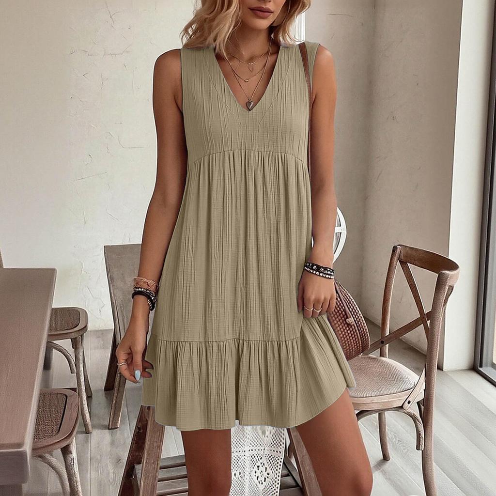 Women V Neck Loose Fit Sleeveless Dress with Pleated Texture and Casual Relaxed for Summer Wear