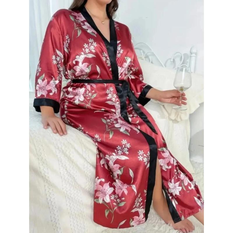 

Пижама больших размеров, женская длинная, искусственный шелк, сексуальный пижамный комплект, повседневная, свободная, с принтом, комплект из 2 предметов 5XL красный