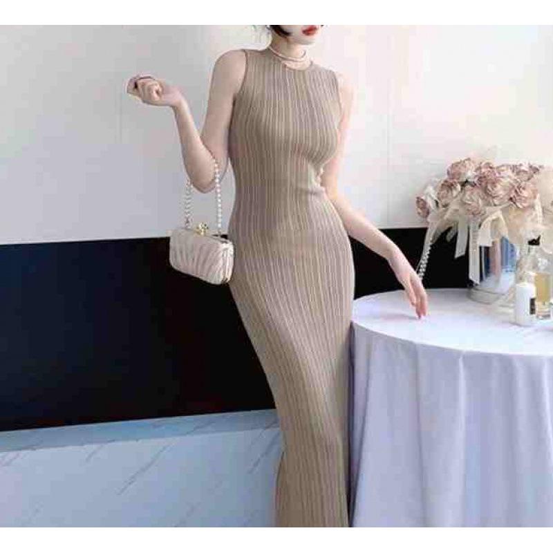 

Gentle big sister knitted skirt summer new round neck sleeveless vest skirt split dress one size fits all хаки